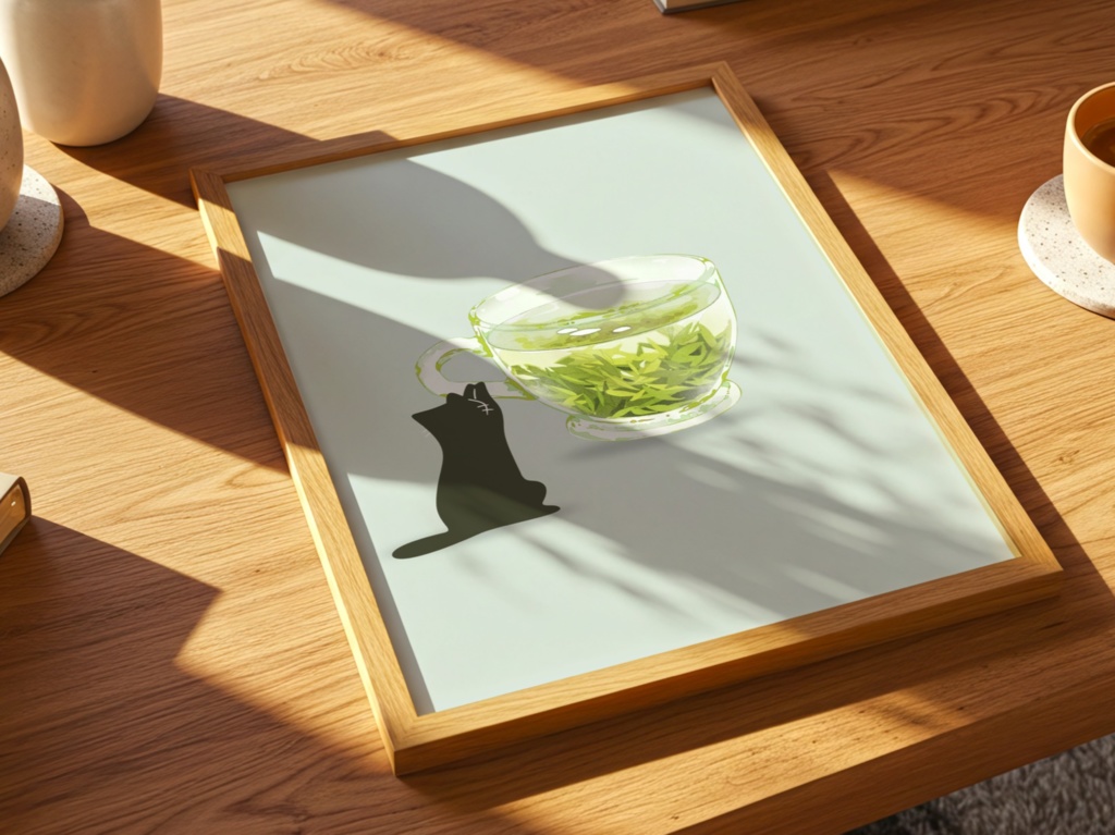 Green Tea Cat|猫 イラスト 緑茶 黒猫 ミニマル アート ポスター(デジタル)