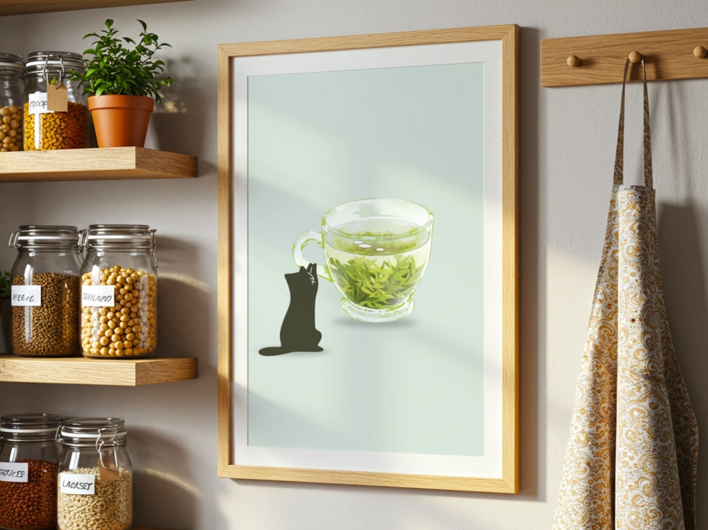Green Tea Cat|猫 イラスト 緑茶 黒猫 ミニマル アート ポスター(デジタル)