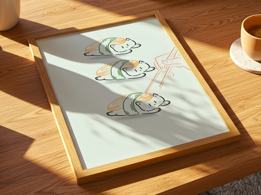 Sushi Cat|猫 イラスト 寿司 かわいい ミニマル アート ポスター(デジタル)