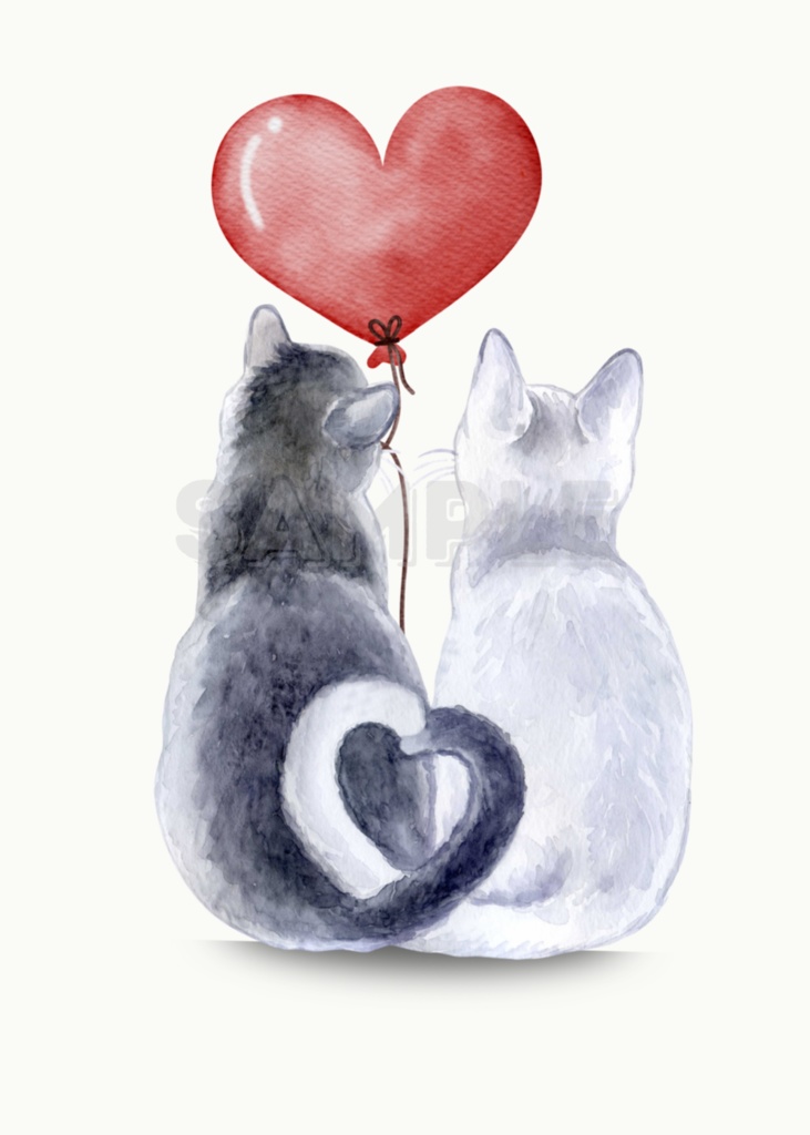 Couple Cats Art|猫 イラスト ハート カップル 水彩 ポスター(デジタル)