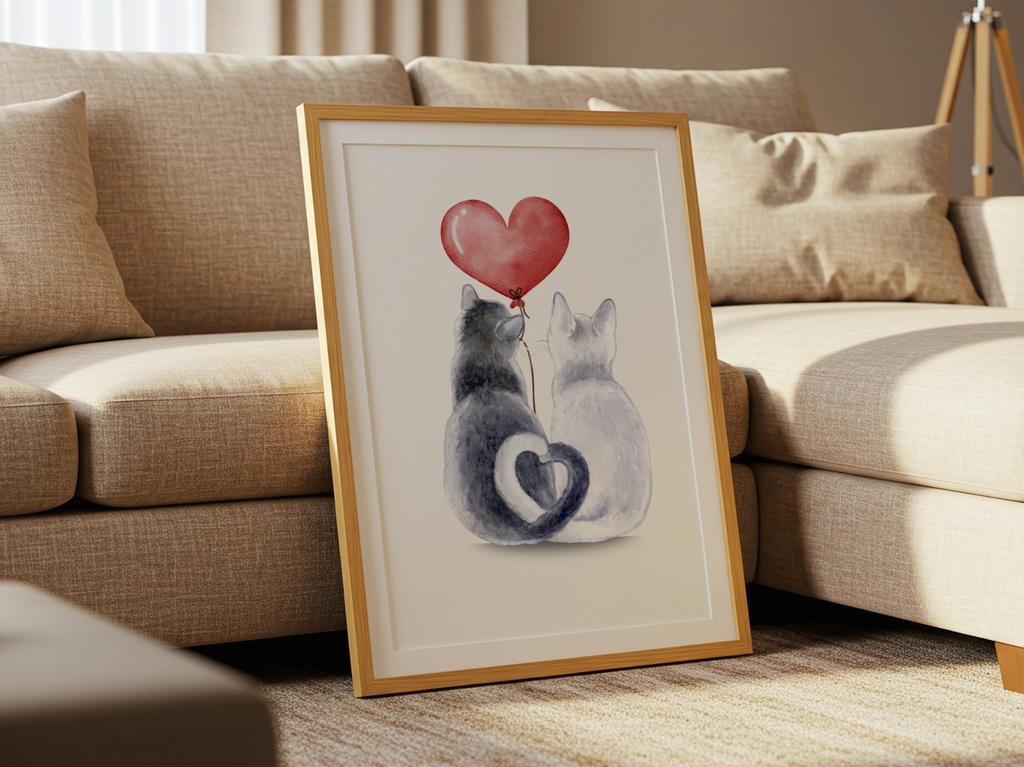 Couple Cats Art|猫 イラスト ハート カップル 水彩 ポスター(デジタル)