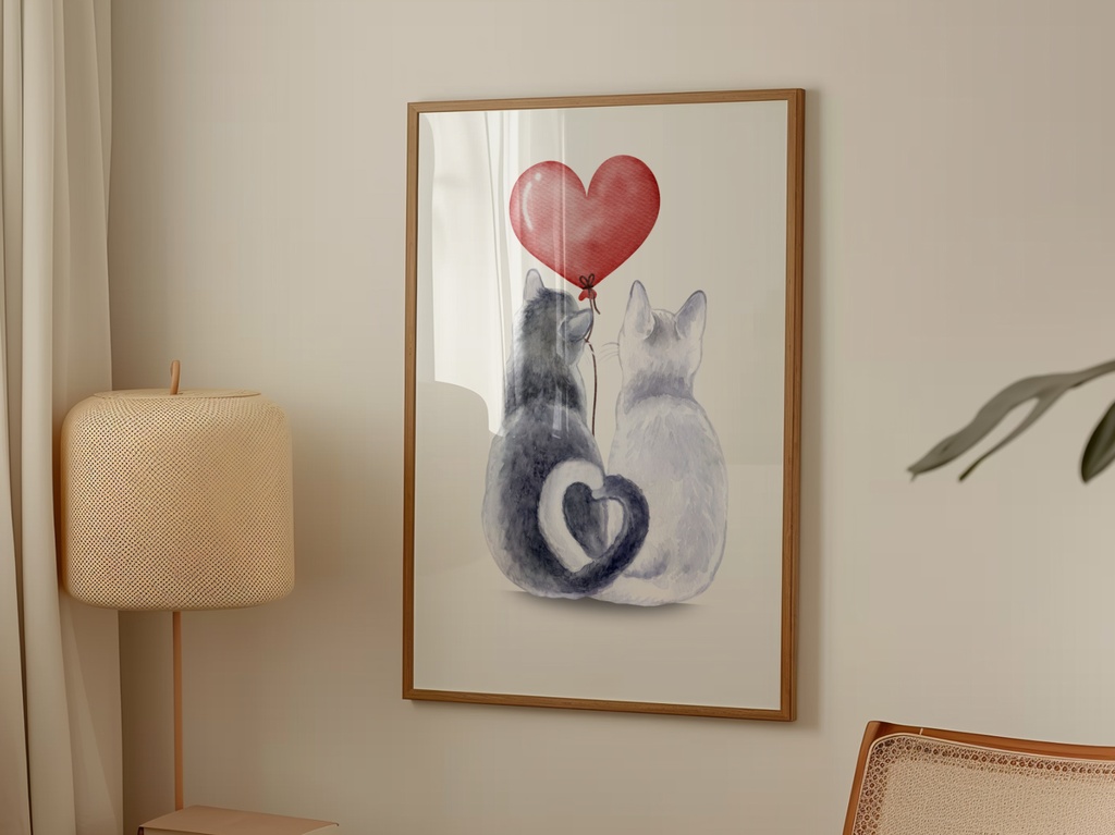 Couple Cats Art|猫 イラスト ハート カップル 水彩 ポスター(デジタル)