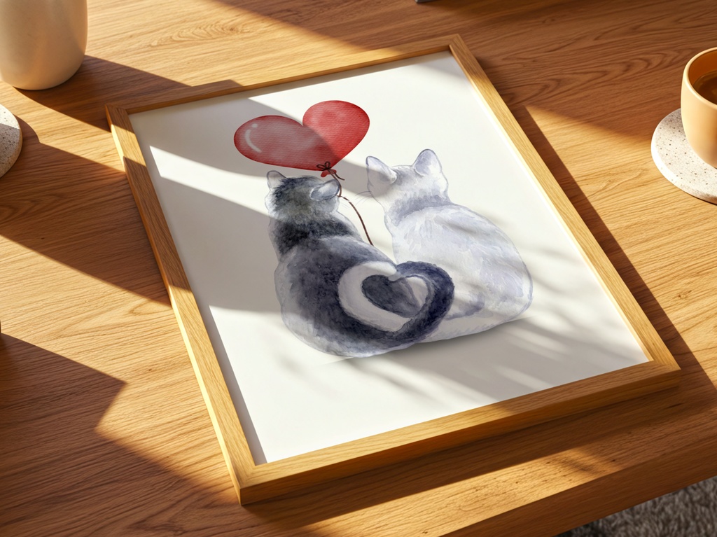 Couple Cats Art|猫 イラスト ハート カップル 水彩 ポスター(デジタル)