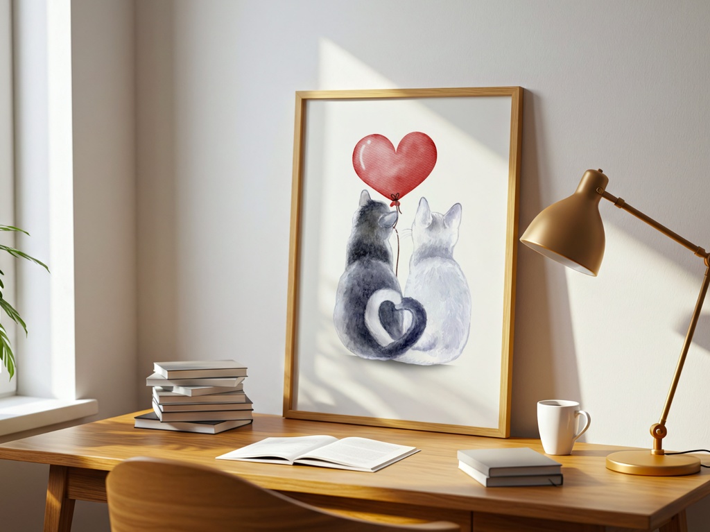 Couple Cats Art|猫 イラスト ハート カップル 水彩 ポスター(デジタル)