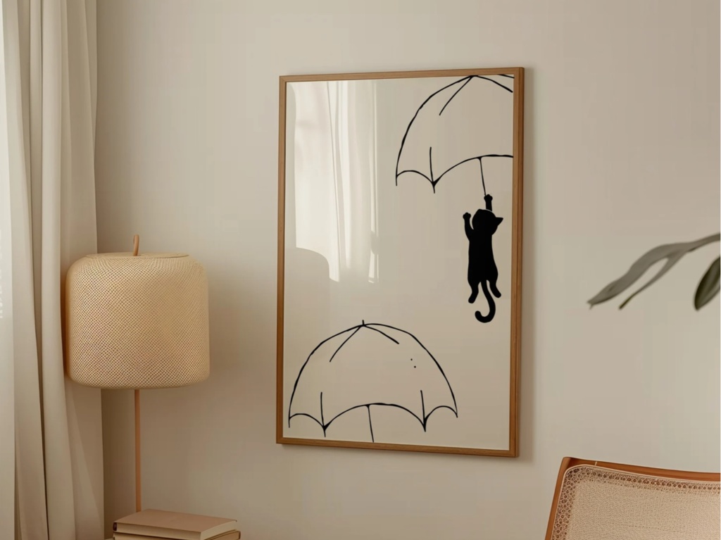 Rainy Day Cat｜猫 イラスト 雨の日 シンプル アート ポスター（デジタル）