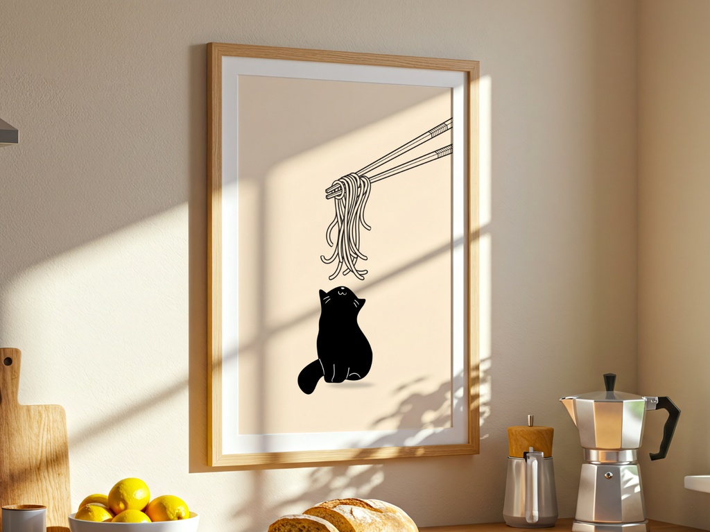 Kitchen Cat Ramen Wall Art|ラーメンを見つめる黒猫 ミニマルアート