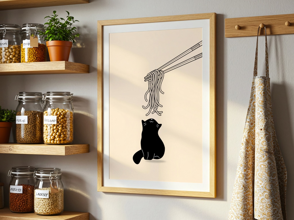 Kitchen Cat Ramen Wall Art|ラーメンを見つめる黒猫 ミニマルアート