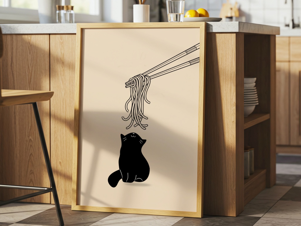 Kitchen Cat Ramen Wall Art｜ラーメンを見つめる黒猫 ミニマルアート