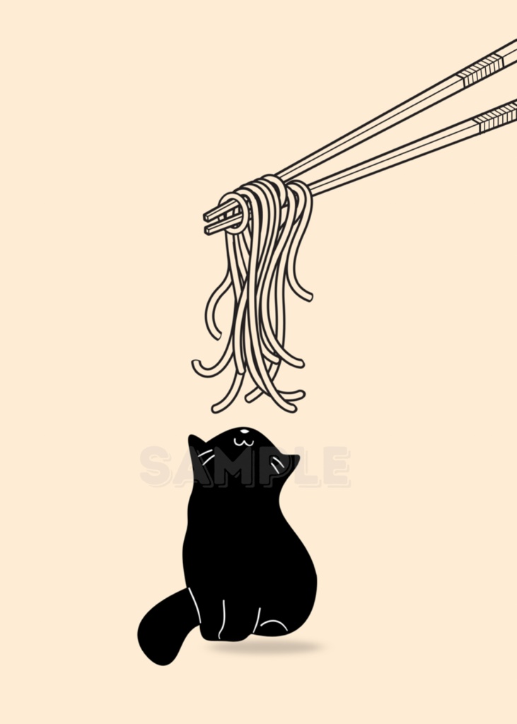 Kitchen Cat Ramen Wall Art|ラーメンを見つめる黒猫 ミニマルアート