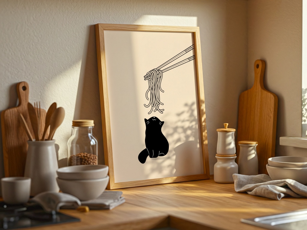 Kitchen Cat Ramen Wall Art|ラーメンを見つめる黒猫 ミニマルアート