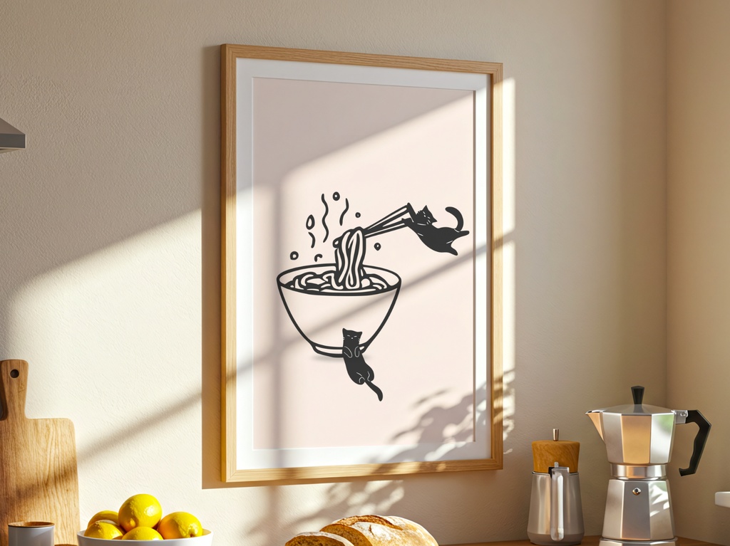 Kitchen Cat Ramen Wall Art|ラーメンと遊ぶ黒猫 ミニマルアート
