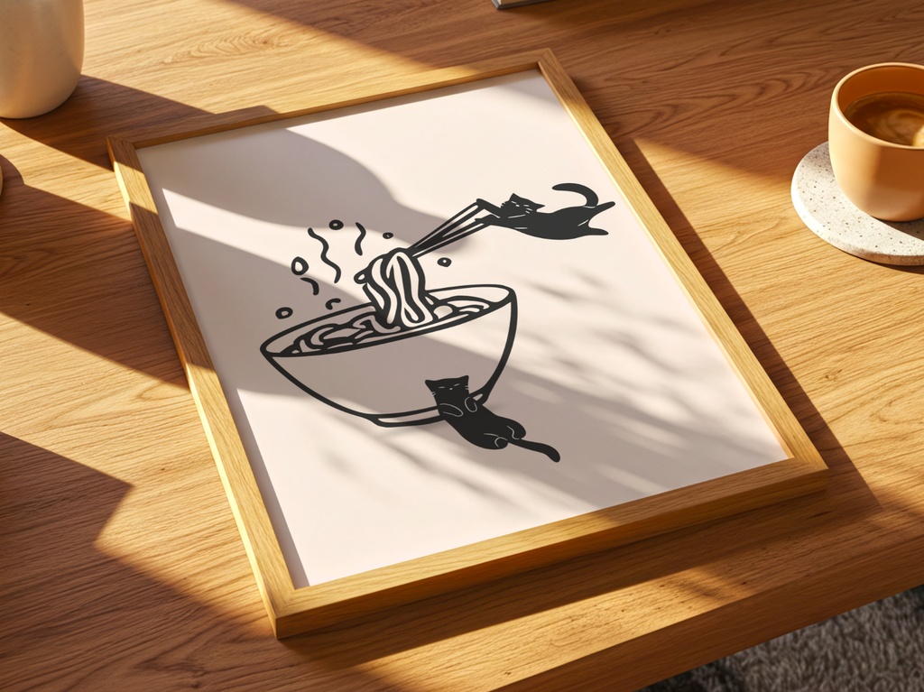 Kitchen Cat Ramen Wall Art|ラーメンと遊ぶ黒猫 ミニマルアート