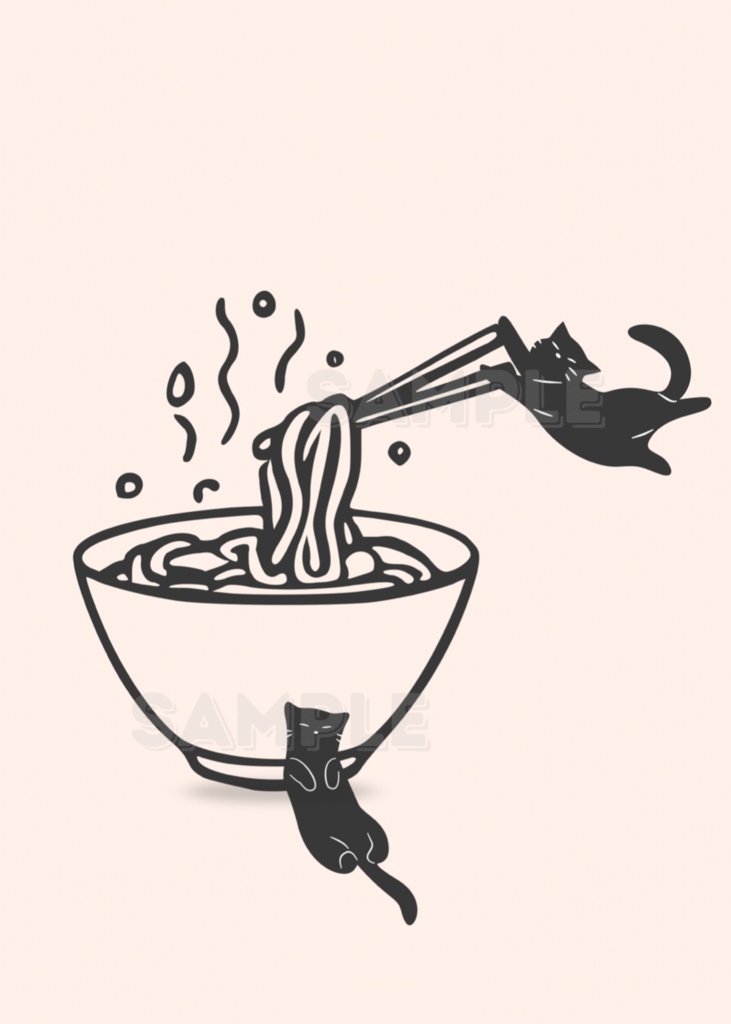 Kitchen Cat Ramen Wall Art|ラーメンと遊ぶ黒猫 ミニマルアート