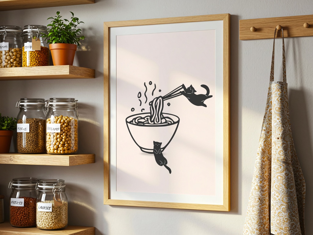 Kitchen Cat Ramen Wall Art|ラーメンと遊ぶ黒猫 ミニマルアート