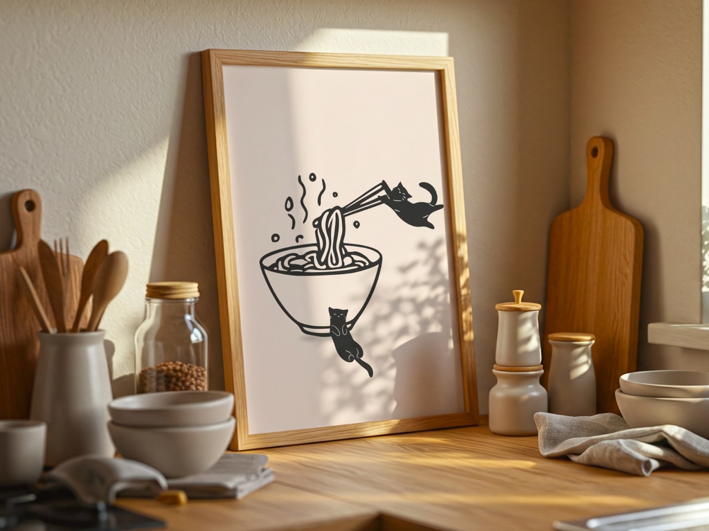 Kitchen Cat Ramen Wall Art|ラーメンと遊ぶ黒猫 ミニマルアート