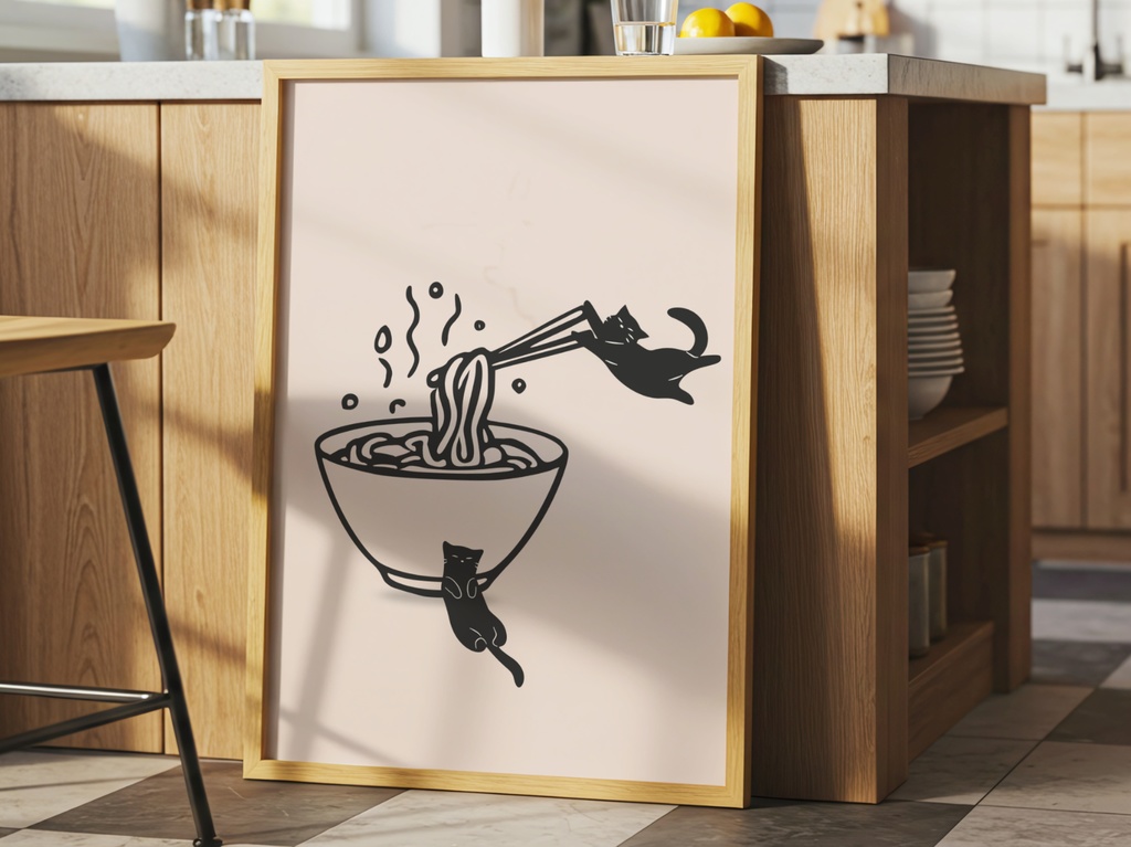 Kitchen Cat Ramen Wall Art｜ラーメンと遊ぶ黒猫 ミニマルアート