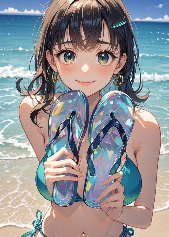 海でビーチサンダルを持っている可愛い女性