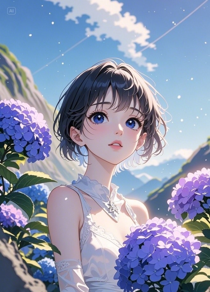 イラスト素材（梅雨編）つゆの晴れ間にあじさいに囲まれる女性