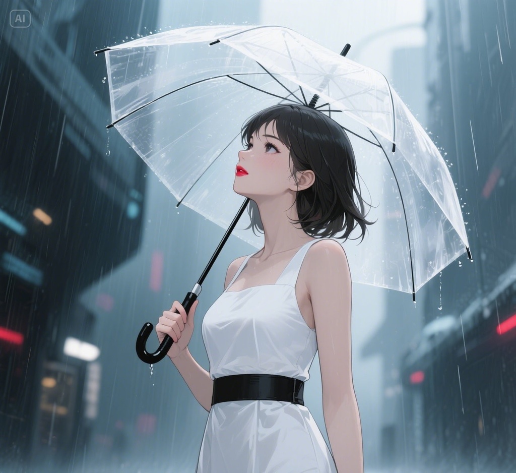 近未来の雨の中をたたずむ孤高な女性