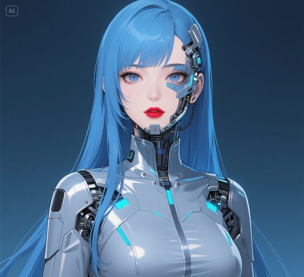 アイコン素材（ロボット）青い長い髪の女性型チャットボット