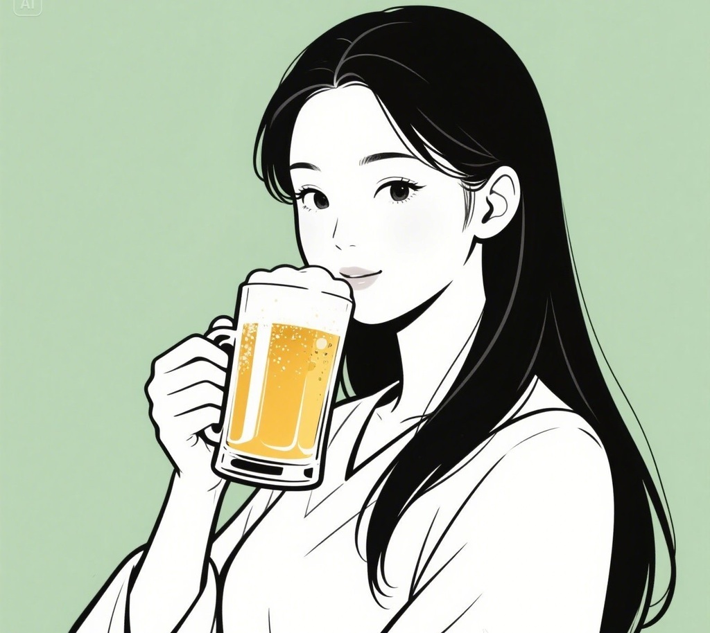 イラスト素材（女性、お酒）ビールを美味しそうに飲む女性