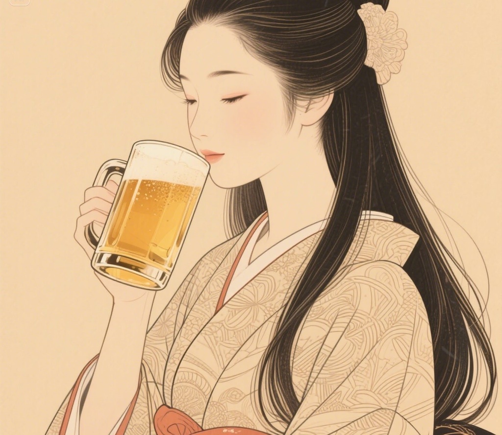 イラスト素材（女性、ビール）和風な女性が美味しそうにビールを飲むイラスト