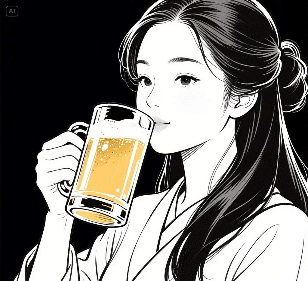 イラスト素材（女性、ビール）着物を着た女性が美味しそうにビールを飲むイラスト