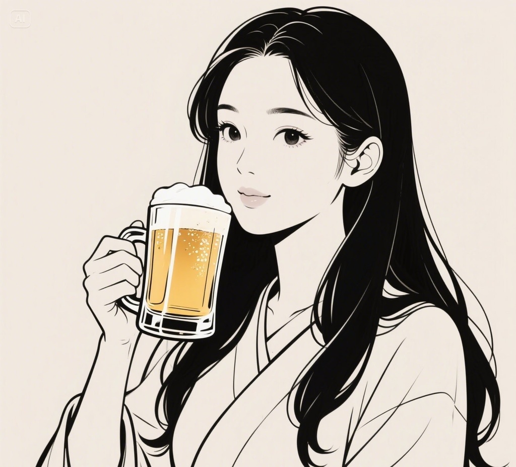 アイコン、イラスト素材（女性）お風呂上りにビールを飲む女性