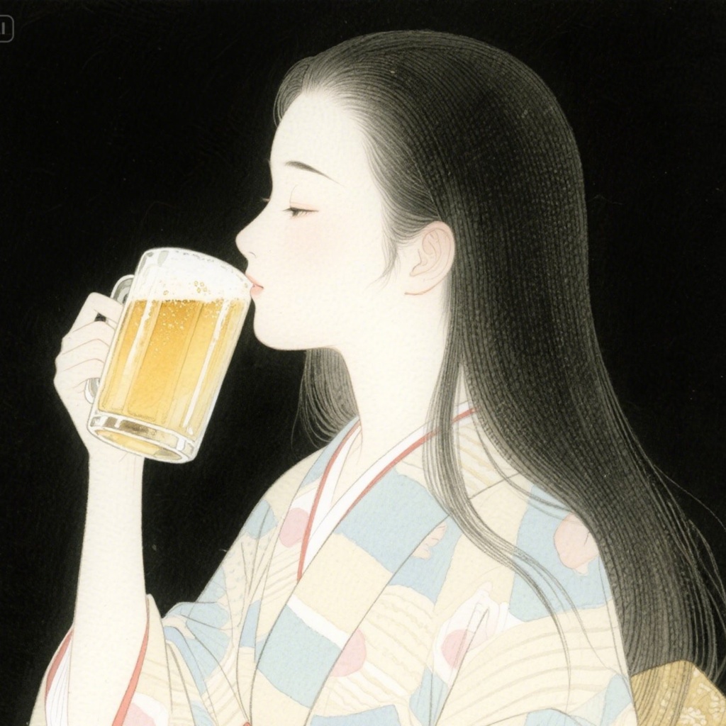 美味しそうにビールを飲む着物姿の女性