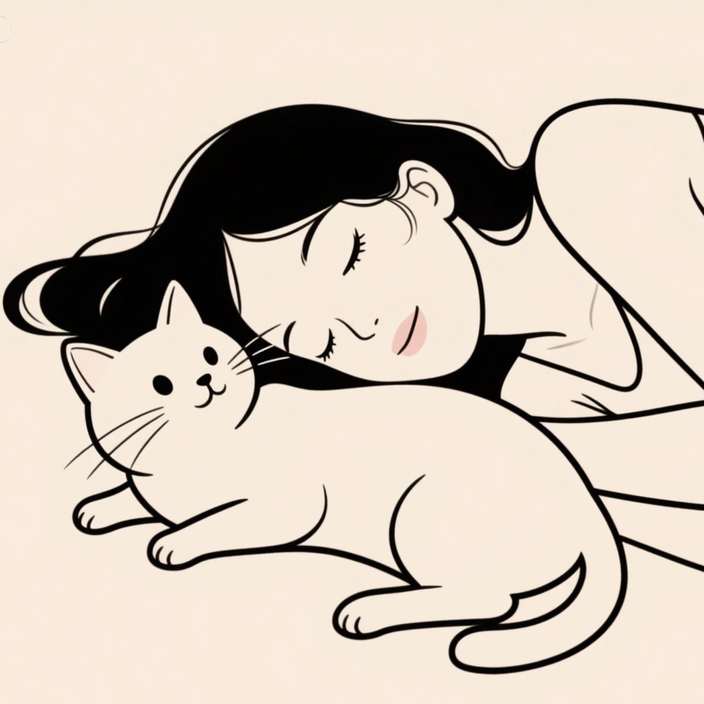 アイコン素材（ネコ）猫と寝そべる可愛い女性