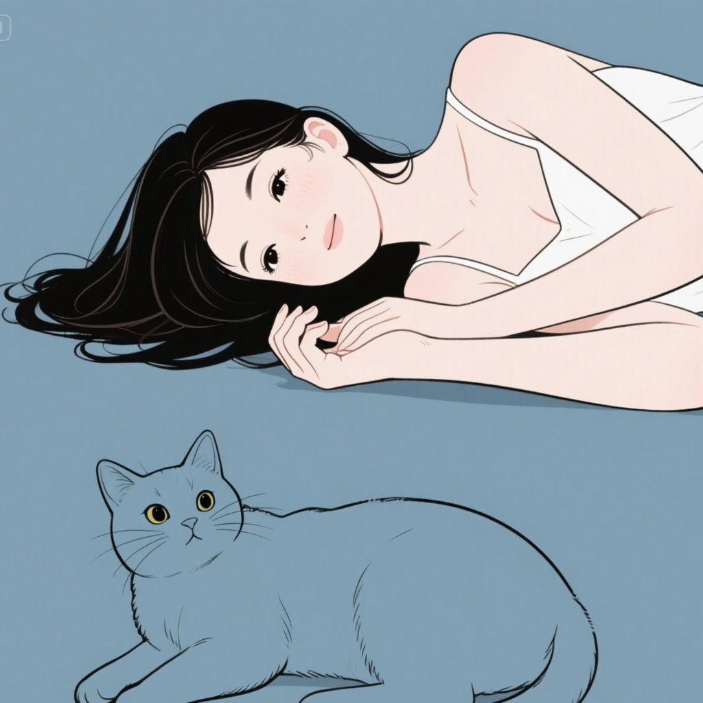 イラスト素材（猫）猫と寝そべる綺麗な女性