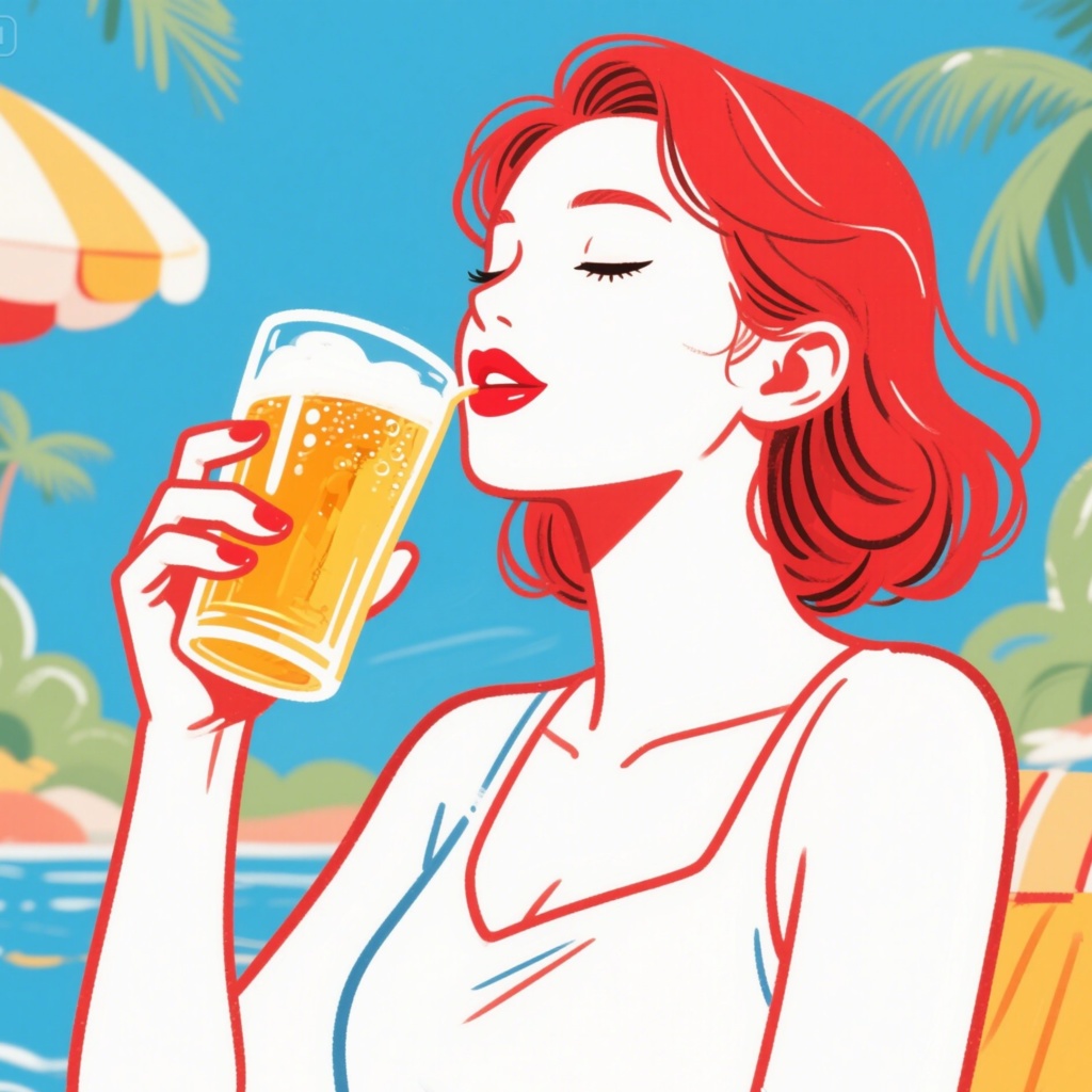 イラスト素材（ビール）夏の浜辺でビールをおいしそうに飲む女性