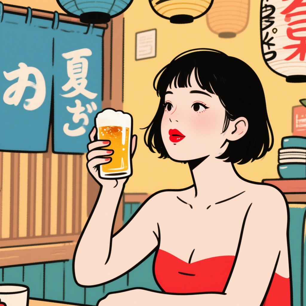 イラスト素材（女性）夏の暑い日にお店でビールをおいしそうに飲む女性