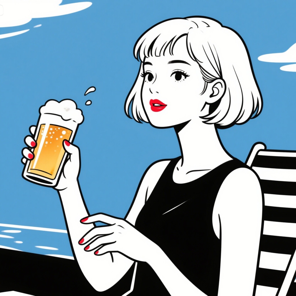 イラスト素材（女性）青空の下ビールをおいしそうに飲む日本人女性