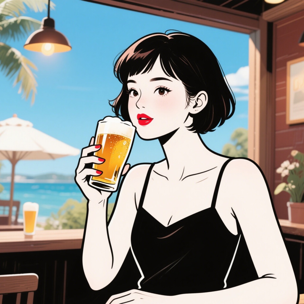 イラスト素材（女性）ビーチの家でおいしそうにビールを飲む女性イラスト