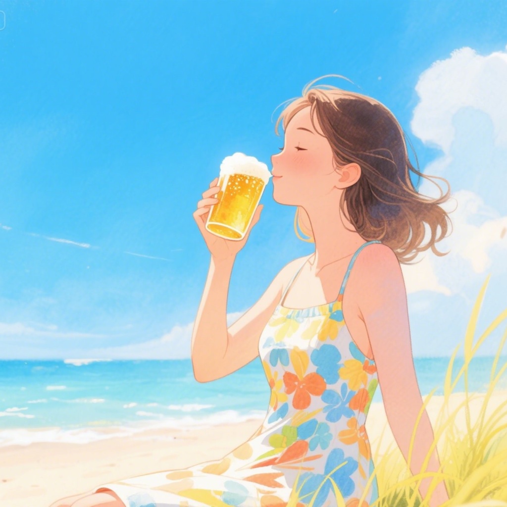 イラスト素材（夏）夏の青空の下おいしそうにビールを飲むワンピースの女性