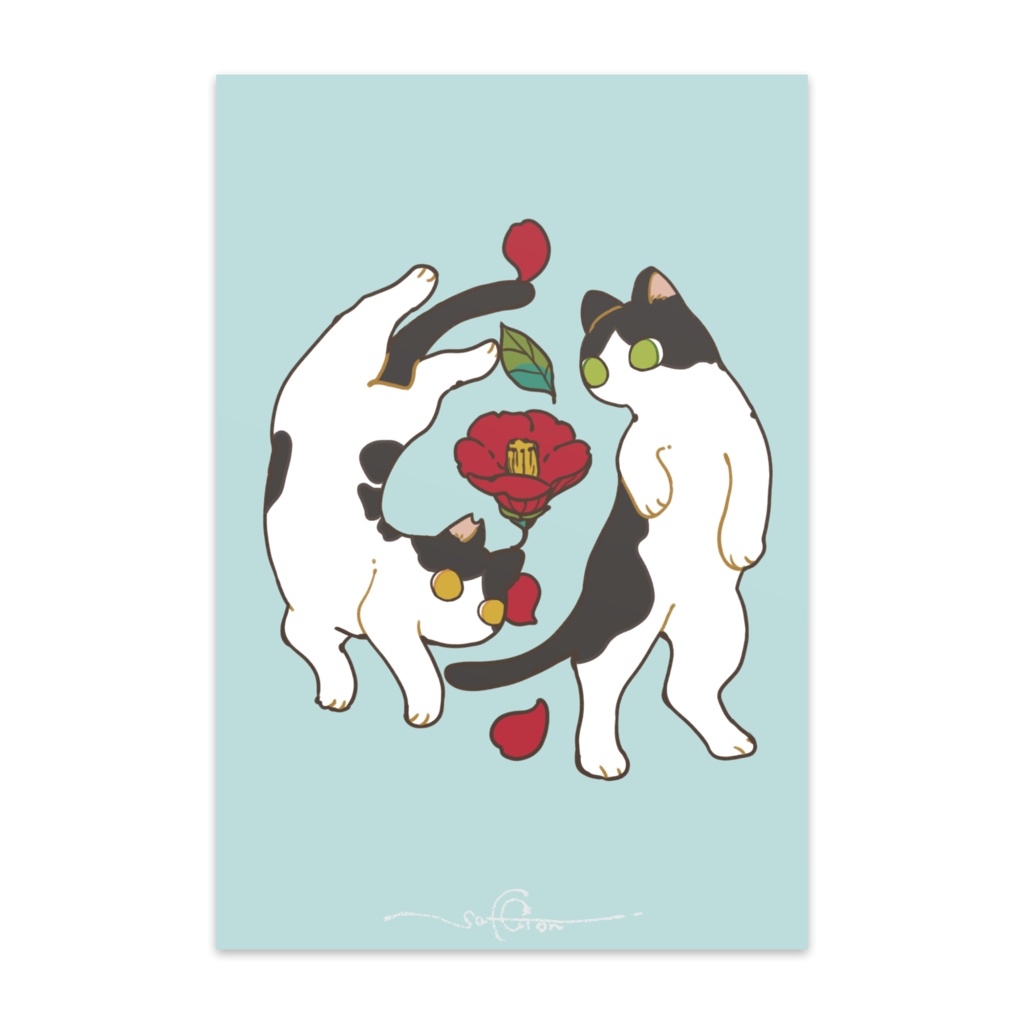 【年賀状】お正月戯れ猫ちゃん【赤い椿】１０枚入りポストカード☆