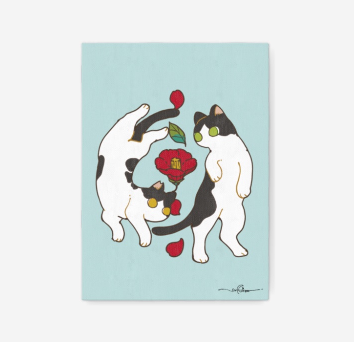 お正月戯れ猫ちゃん〖赤い椿〗キャンバス【選べる3サイズ】