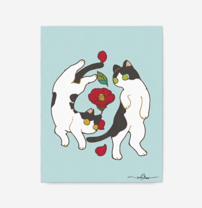 お正月戯れ猫ちゃん〖赤い椿〗キャンバス【選べる3サイズ】