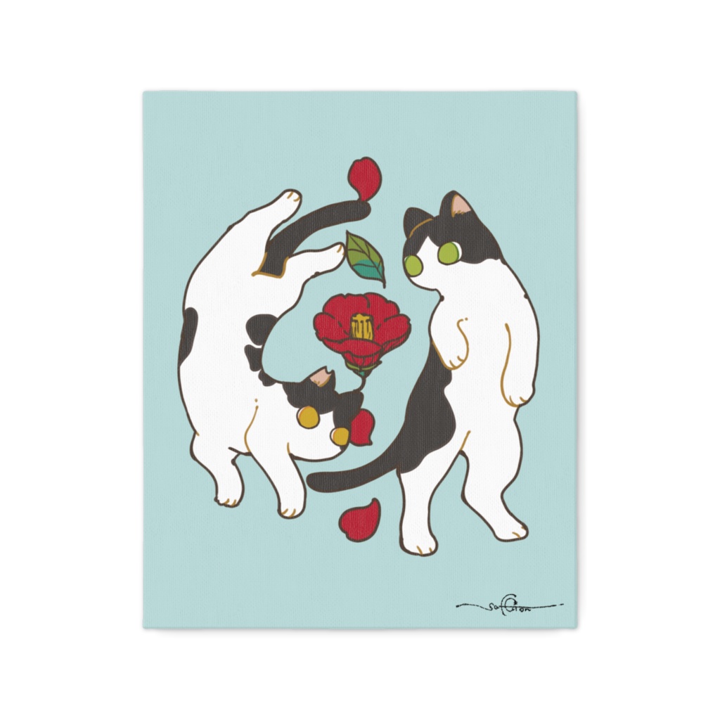 お正月戯れ猫ちゃん〖赤い椿〗キャンバス【選べる３サイズ】