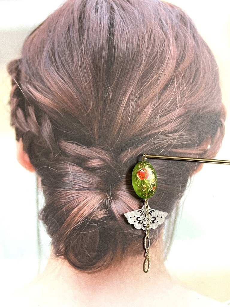 大ぶり花柄ビーズと扇の簪