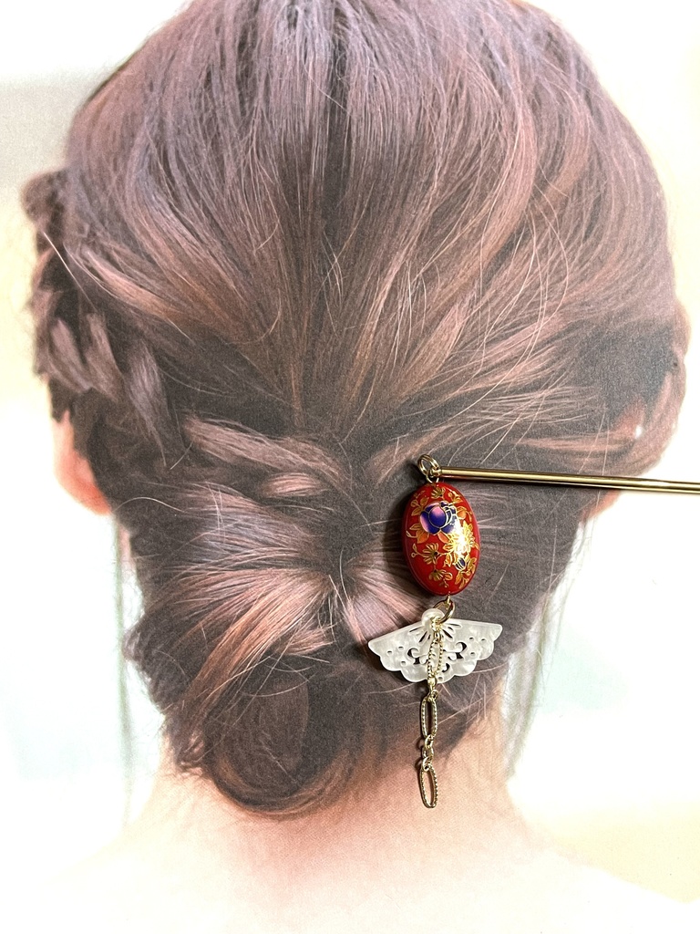 大ぶり花柄ビーズと扇の簪