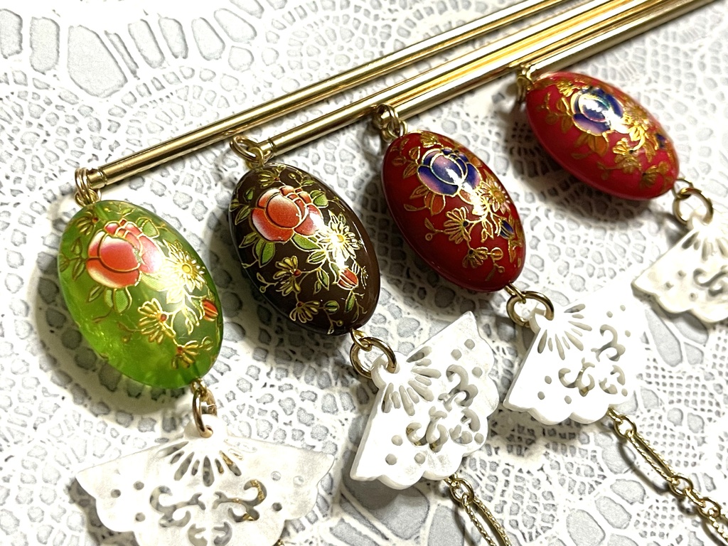 大ぶり花柄ビーズと扇の簪