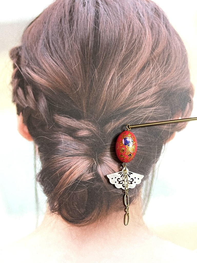 大ぶり花柄ビーズと扇の簪