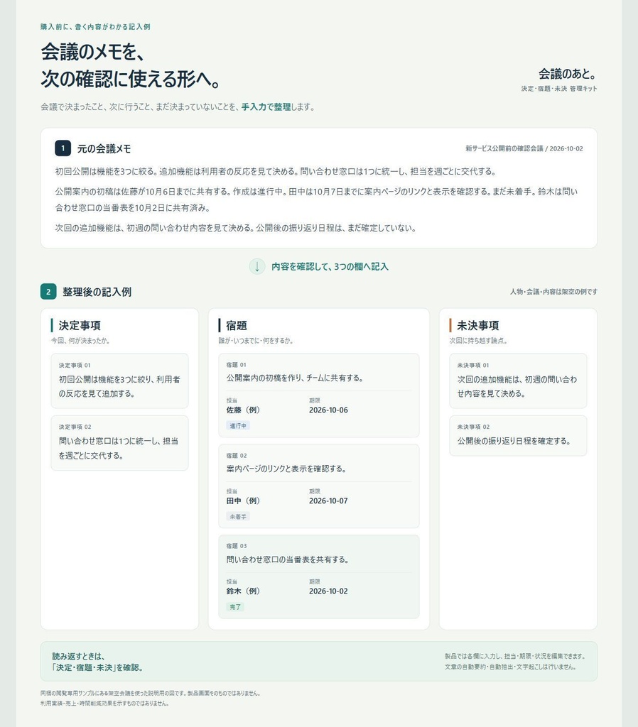 会議アクション整理キット|担当・期限・未決をまとめるオフラインツール