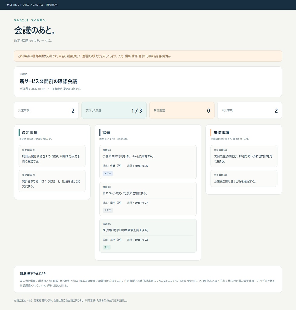 【無料】会議の決定・宿題・未決を分ける記入例