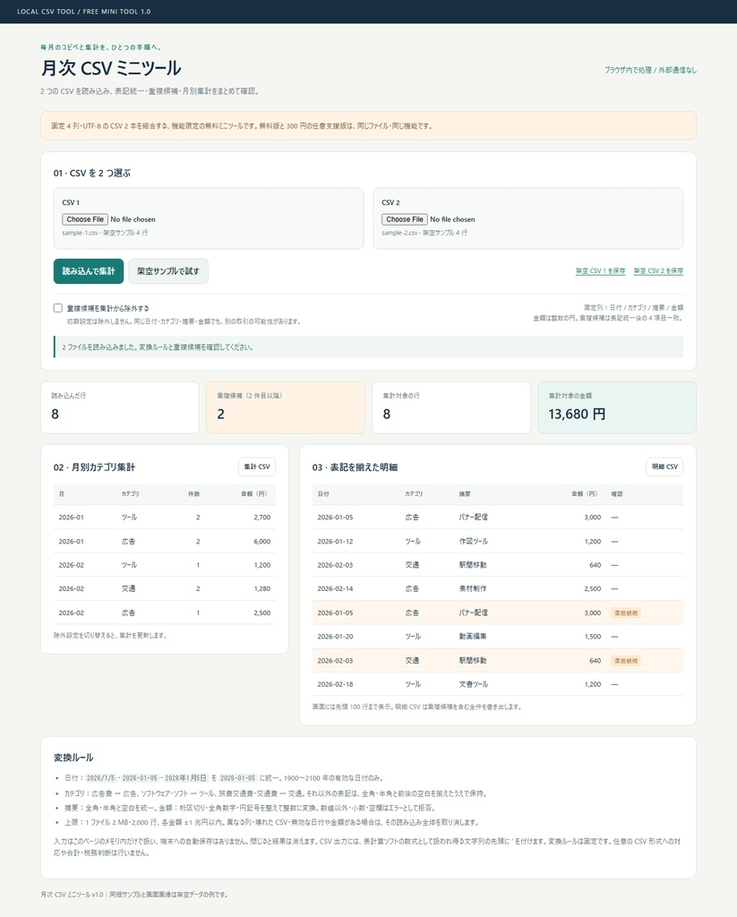【無料／任意支援】月次CSV整形ミニ｜CSV2本を整理・月別集計