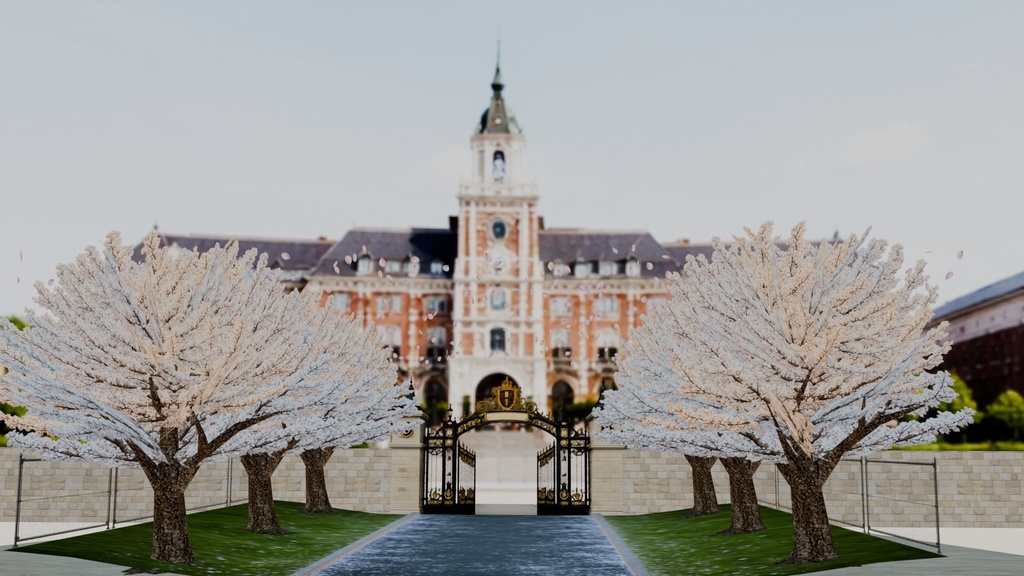 【環境アセット】桜パーティクルと春の校門前(ローポリ)