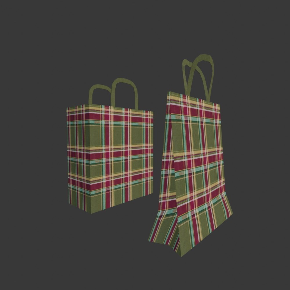 【3D小道具】チェック柄の紙袋(折りたたみ式)(ローポリ)