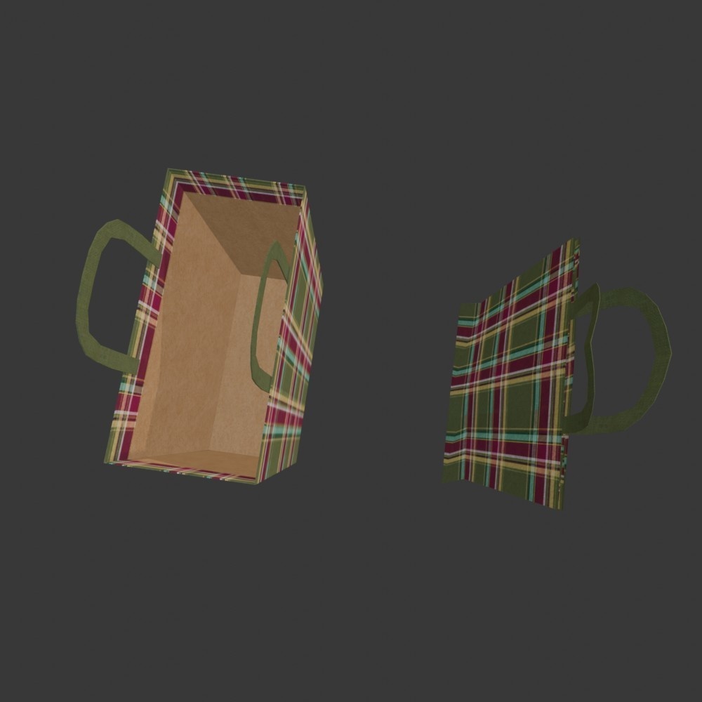 【3D小道具】チェック柄の紙袋(折りたたみ式)(ローポリ)